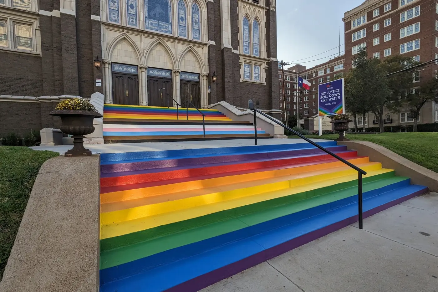 Rainbow-painted front steps leading up to Oak Lawn United Methodist Church in Dallas