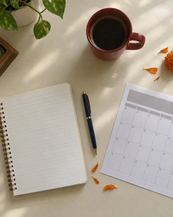 A notebook, a pen and a blank calendar on a cream desk