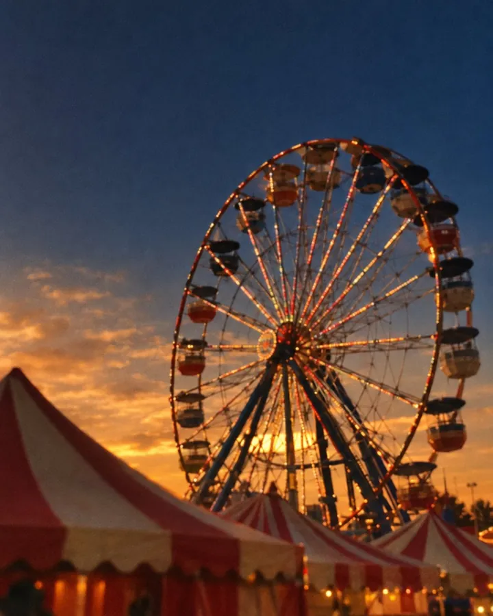A fairground ferris wheel at golden hour