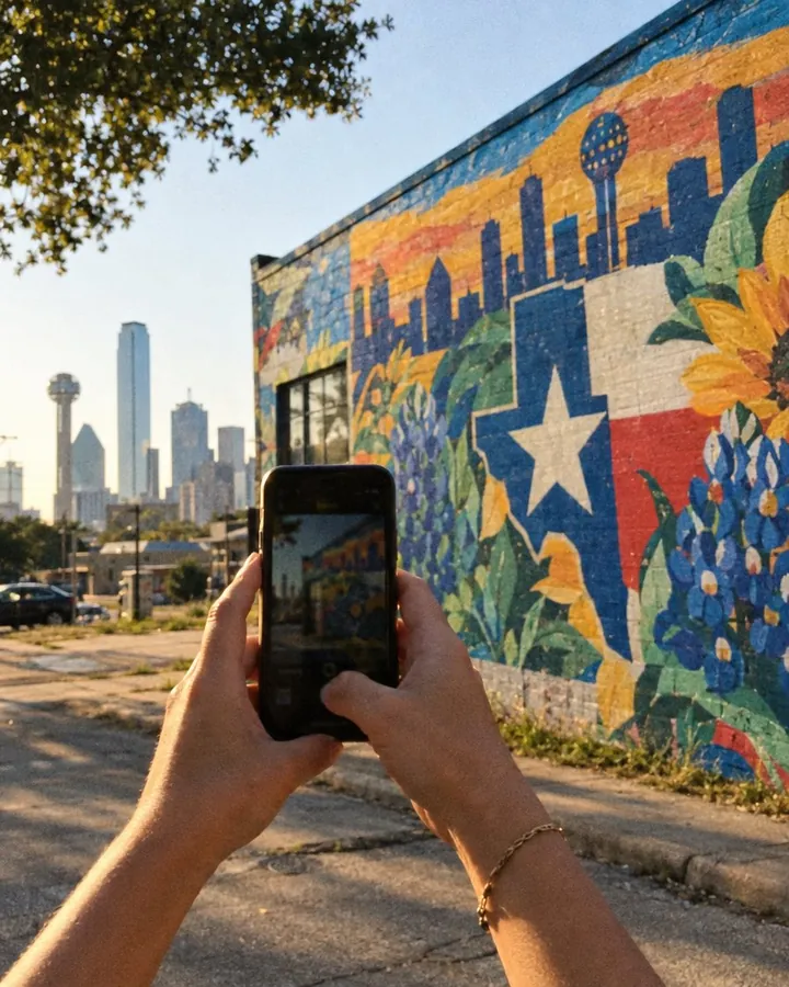 Hands holding a phone up to a mural in Dallas