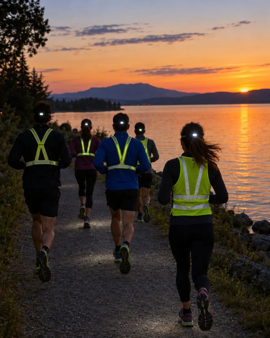 A group of runners in reflective vests and headlamps seen from behind on a lakeside path at sunset