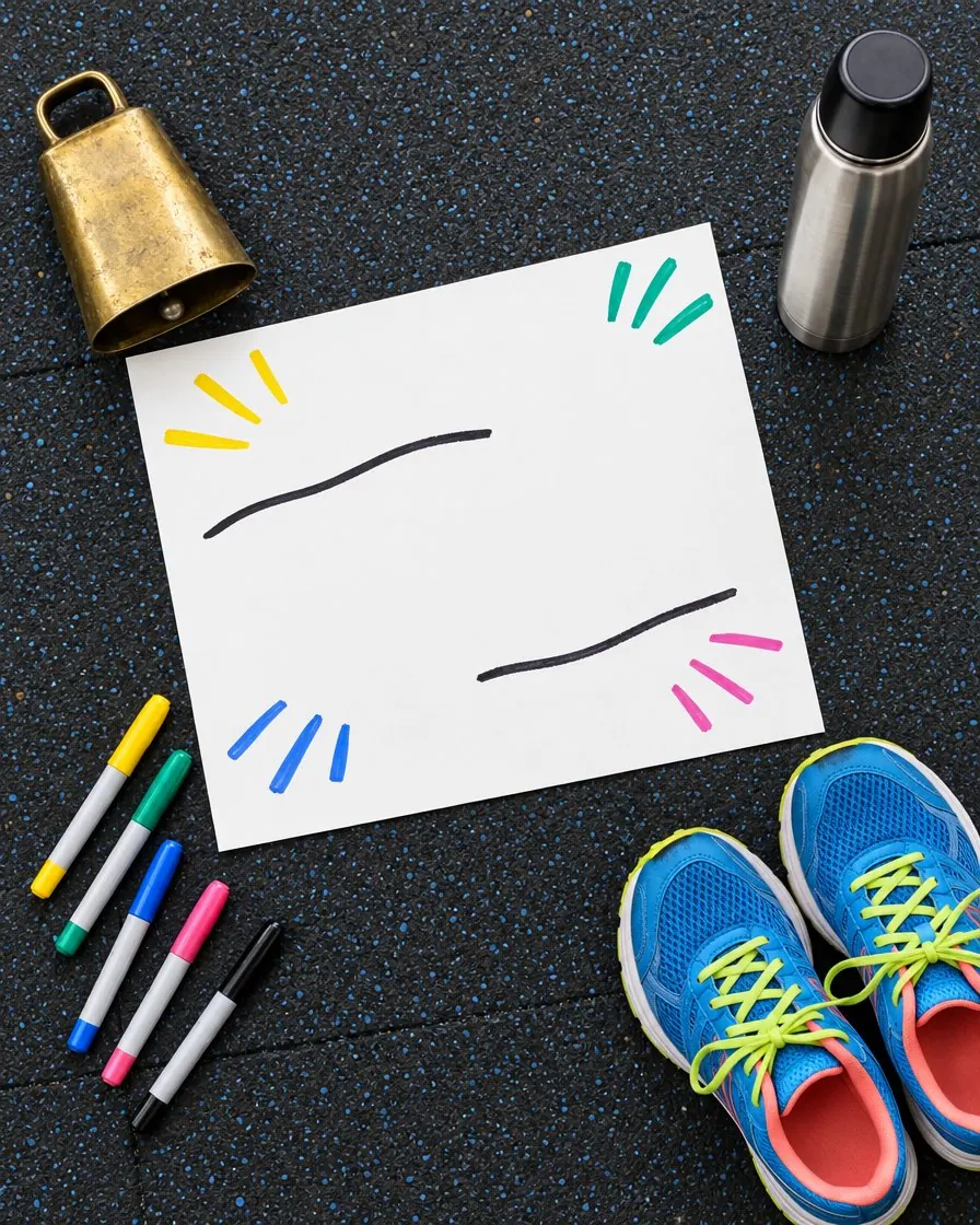 A flat lay of a brass cowbell, poster board, markers, a steel thermos and blue running shoes on a rubber gym floor