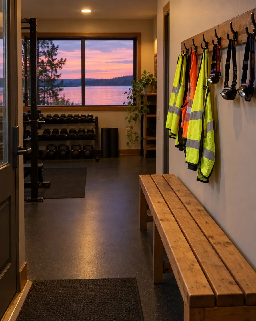 Reflective vests and headlamps on wall hooks above a wooden bench at a gym entrance, a lake sunset in the window