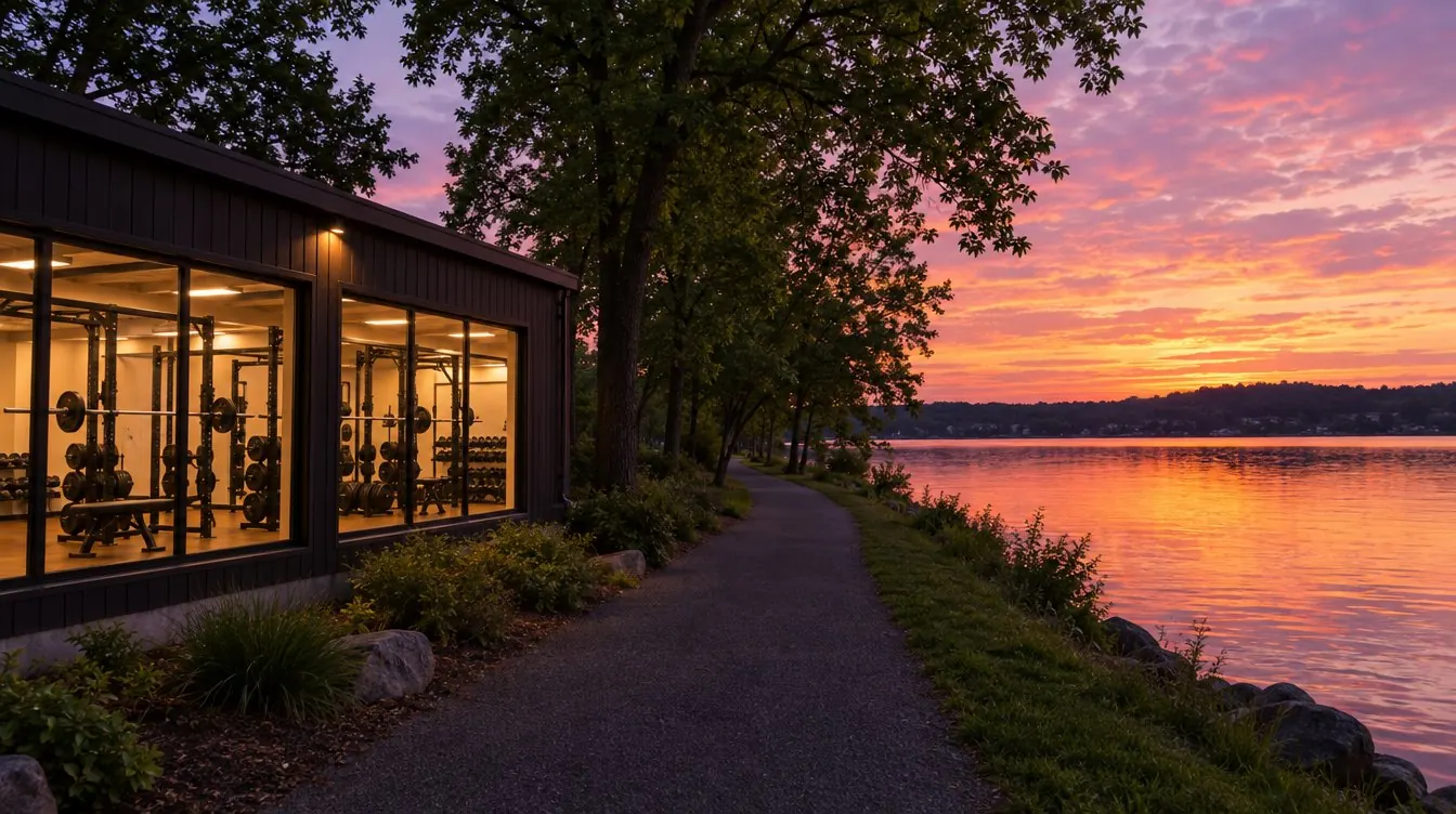 A small strength gym with glowing windows at dusk beside a tree-lined lake path under a pink and gold sky