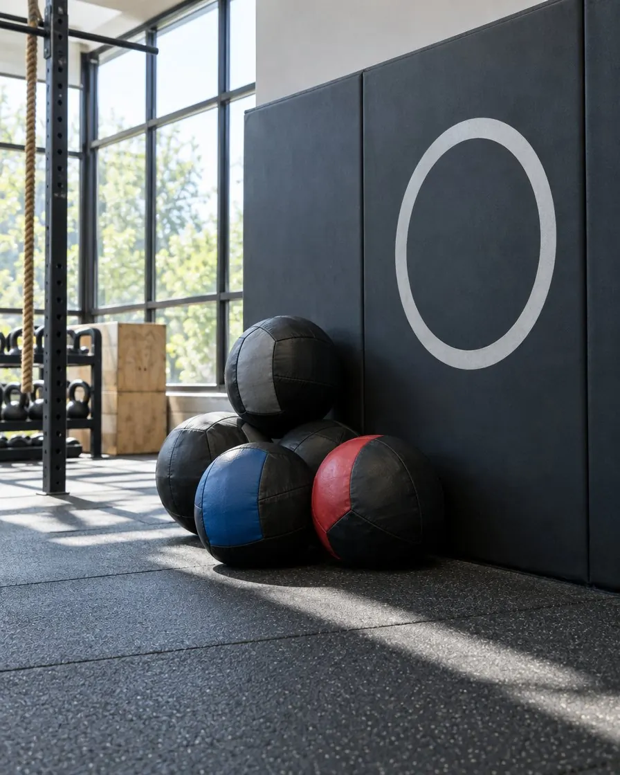 Medicine wall balls stacked beside a painted circle target on a padded wall