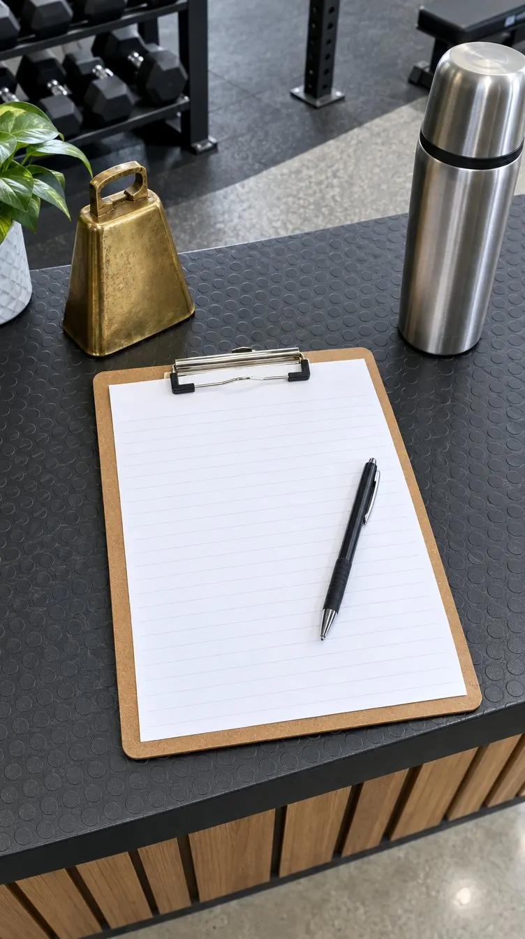 A clipboard with a blank sheet and a pen on a gym front desk beside a brass cowbell and a steel thermos