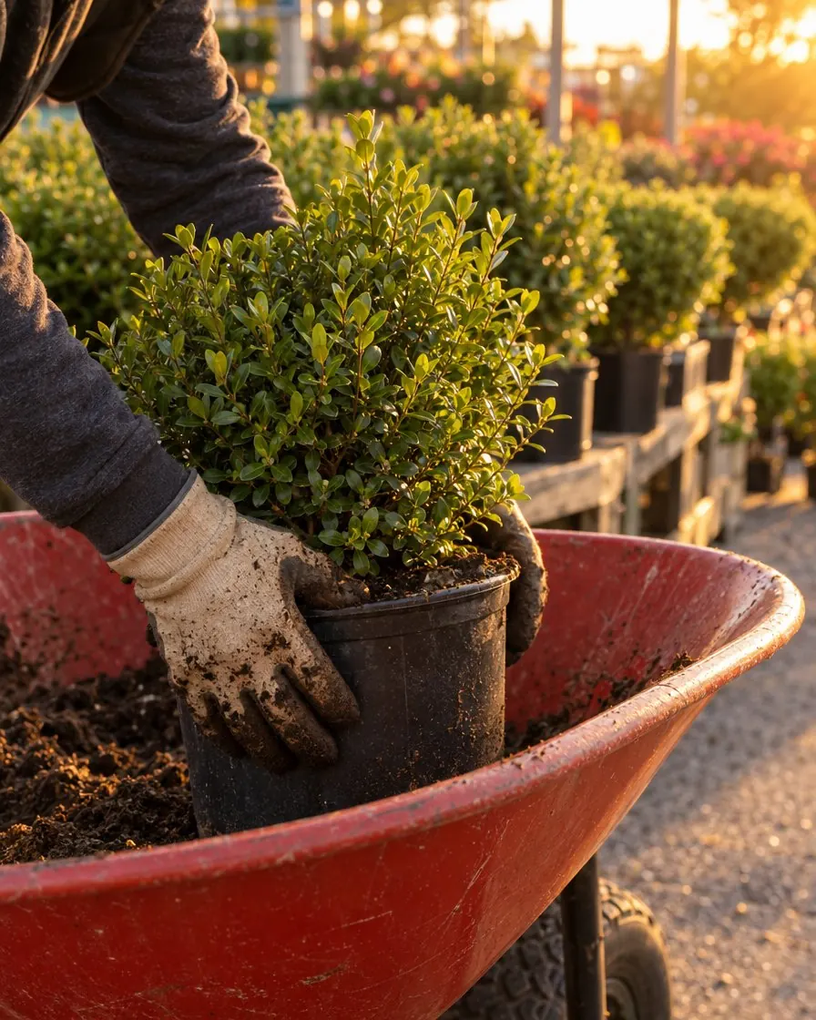A gloved hand setting a container shrub into a red wheelbarrow, soil on the glove