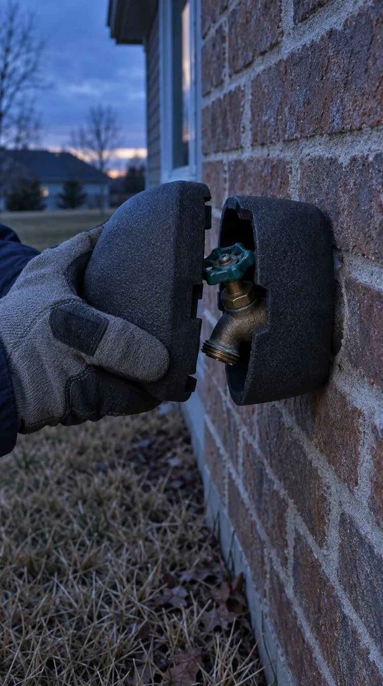 A gloved hand snapping a foam faucet cover onto an outdoor spigot on a brick wall