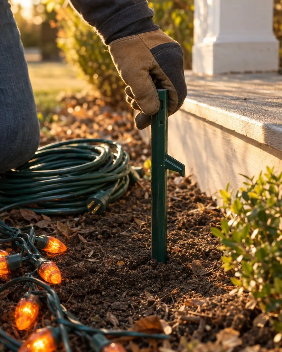 A gloved hand pushing a green ground stake into soil beside a porch step, with orange lights lying nearby