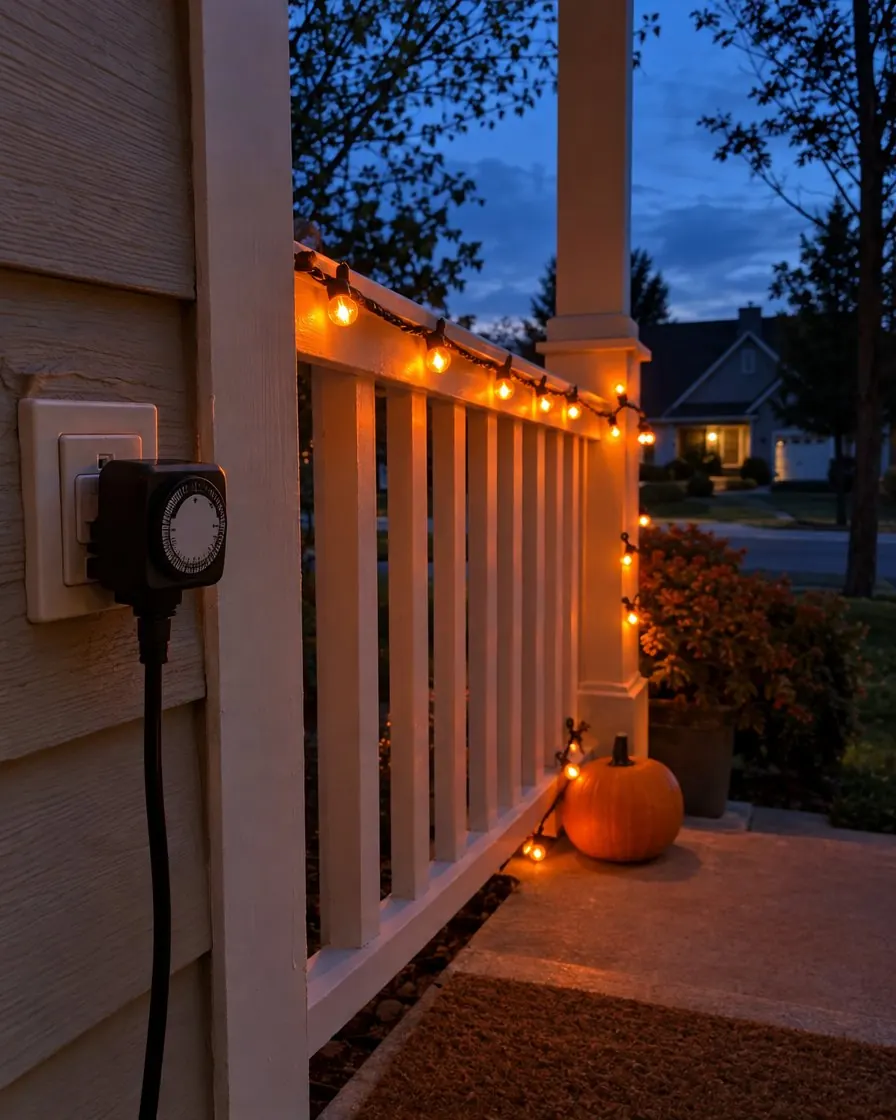 A plug-in timer on a porch wall and orange string lights glowing along the railing at dusk, a small pumpkin on the step