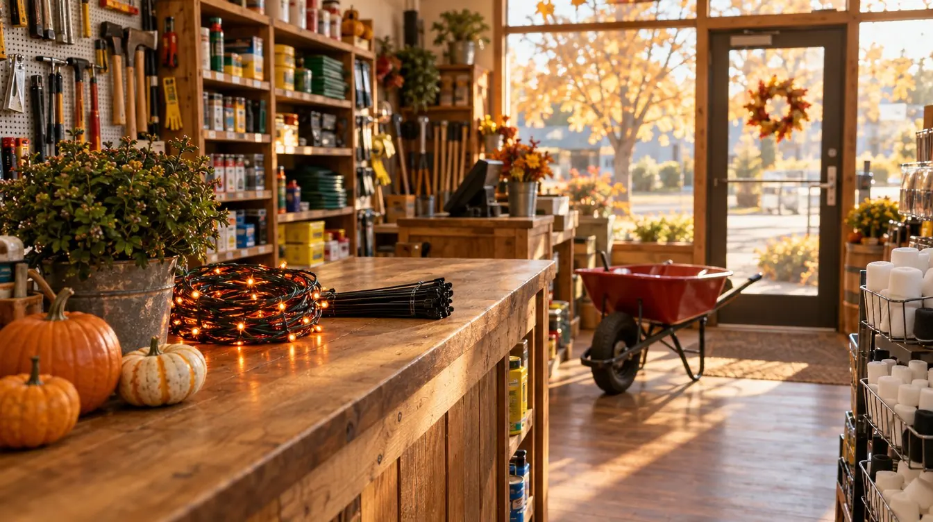 A warm wooden hardware store counter with small pumpkins, orange string lights, zip ties and a red wheelbarrow by the window