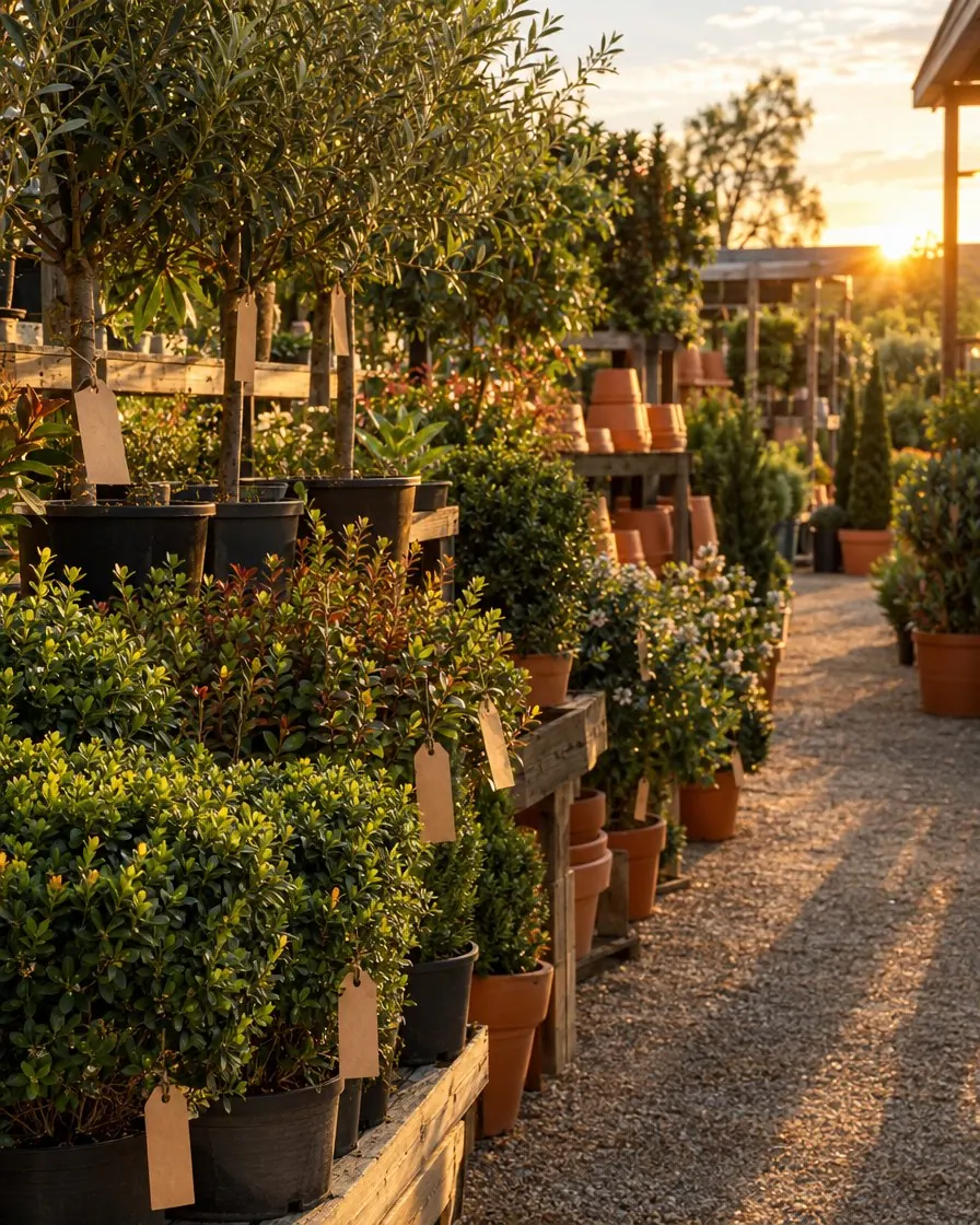 Rows of container shrubs and small trees with kraft tags in a garden section at golden hour