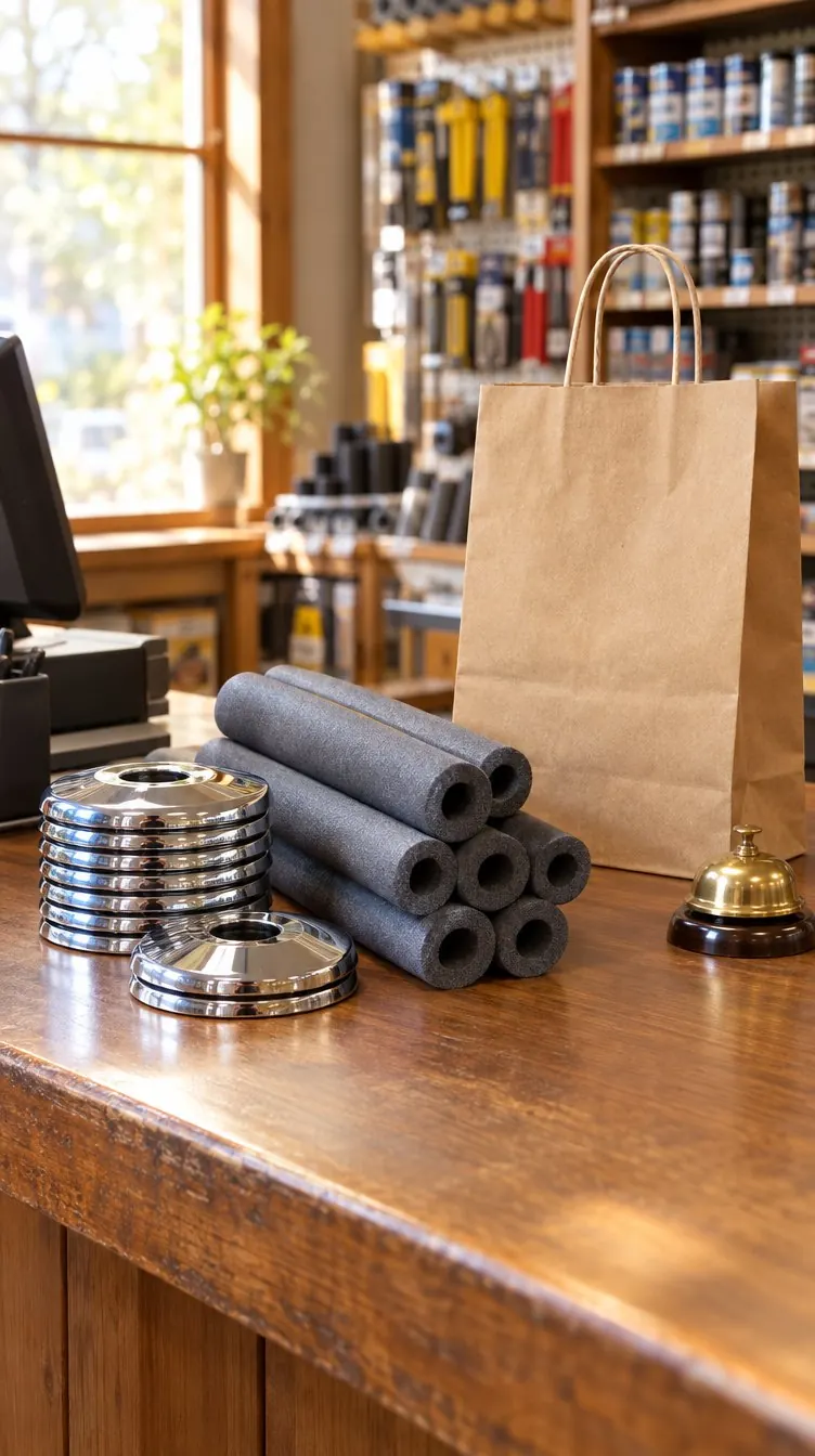 A hardware store counter with a stack of faucet covers, rolls of pipe insulation, a plain kraft bag and a brass bell