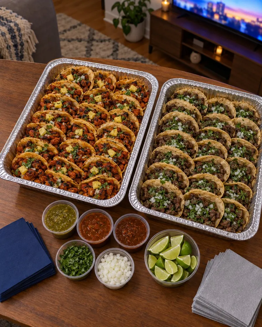 Two foil trays of tacos on a wooden table with salsa cups, limes and napkins, a TV glowing in the background