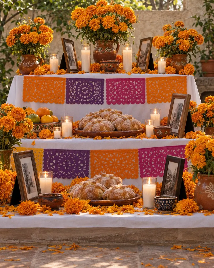 A community altar with marigolds, candles, pan de muerto and framed photos