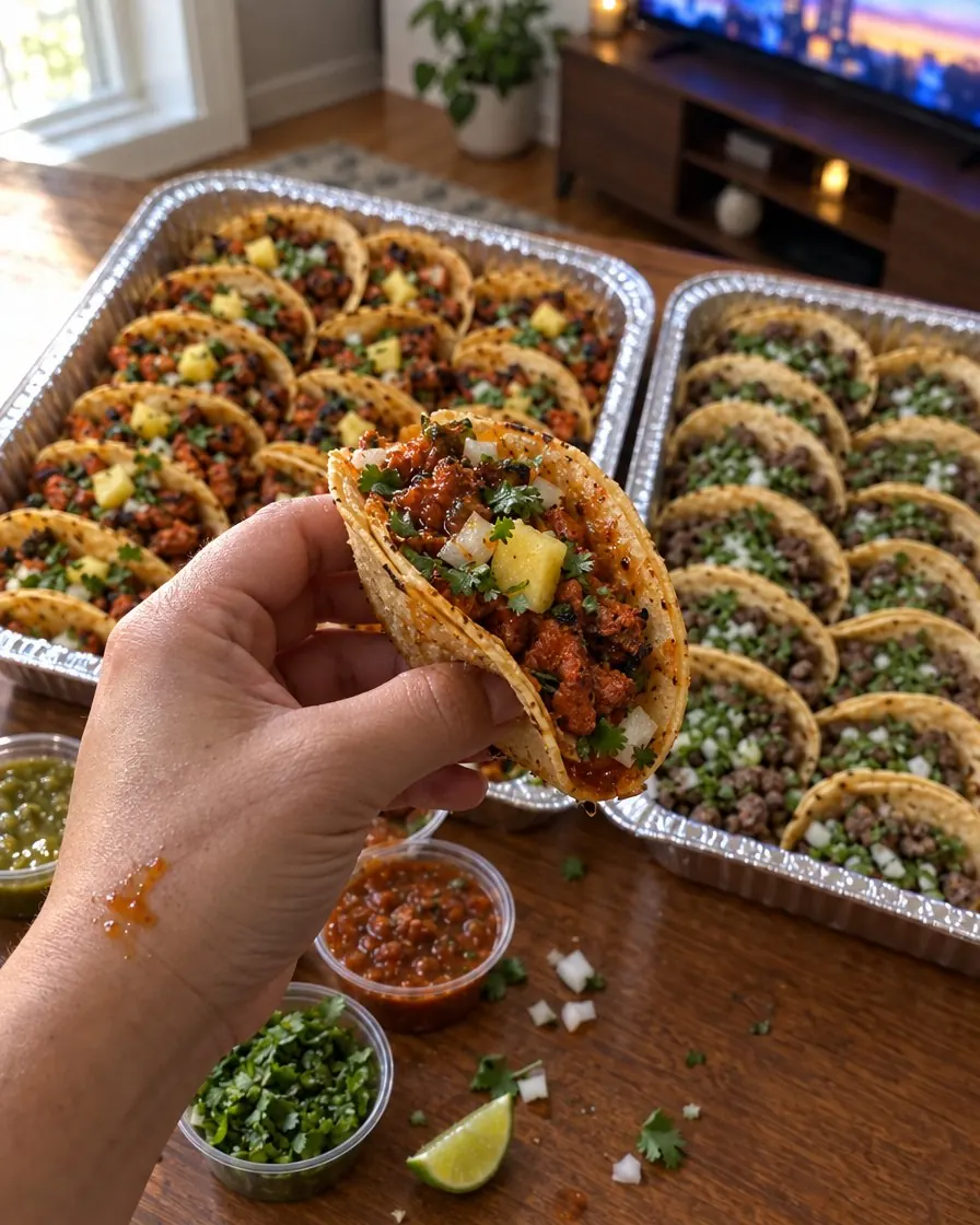 A hand lifting one al pastor taco with pineapple out of a foil tray