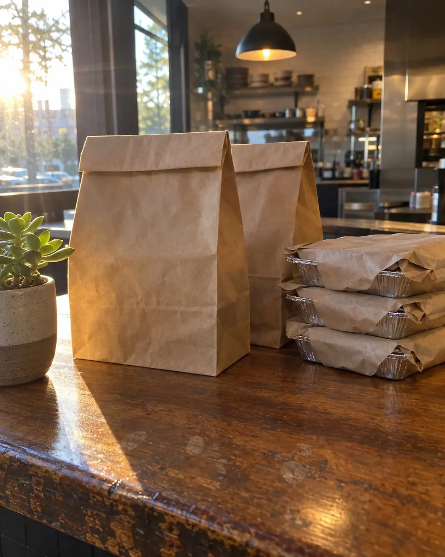 Brown paper bags stamped with the Brisa logo and wrapped trays waiting on a restaurant pickup counter