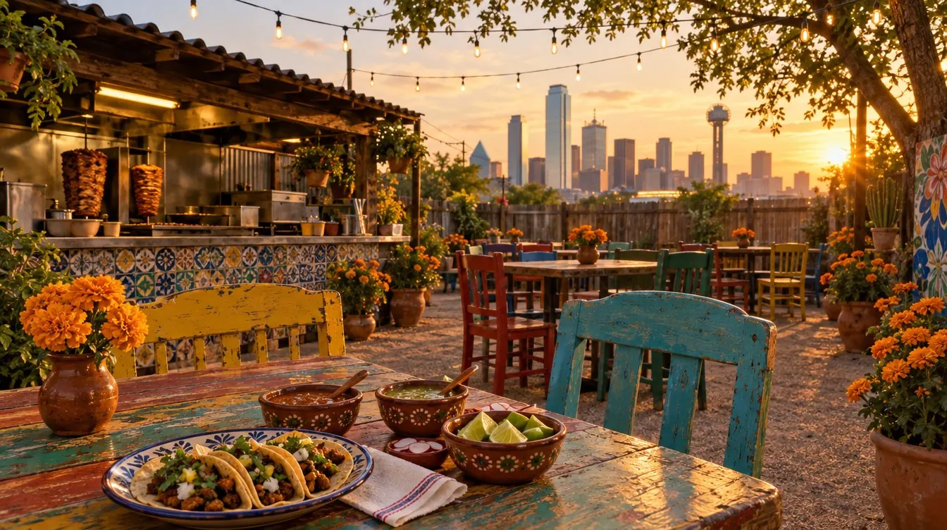 A small taquería patio at golden hour with string lights, painted chairs, marigolds and a table of tacos