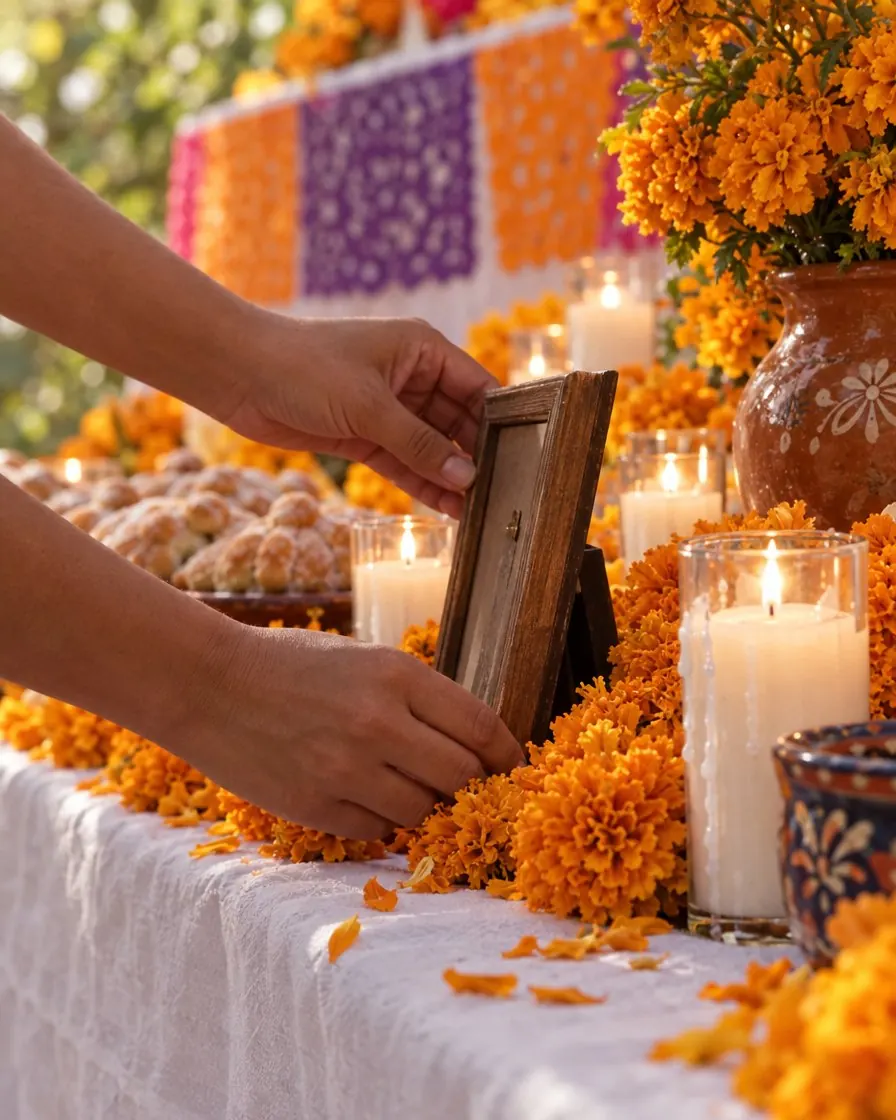 Two hands placing a small framed photo among marigolds and candles on an altar