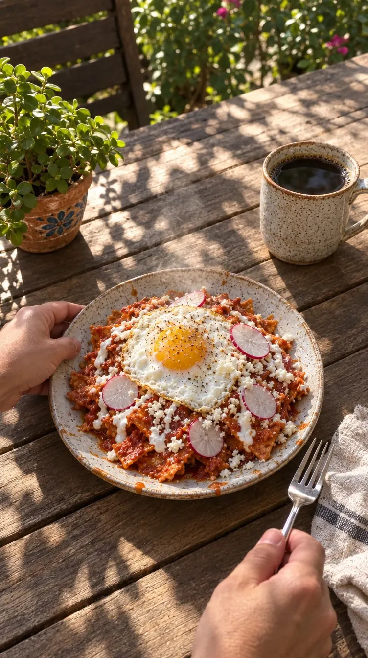 Chilaquiles with a fried egg and radish on a patio table, a mug of coffee beside them