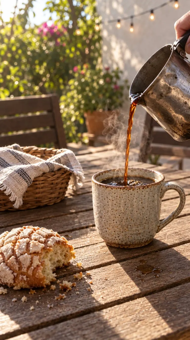 Coffee being poured into a speckled mug on a sunny patio table beside a pan dulce