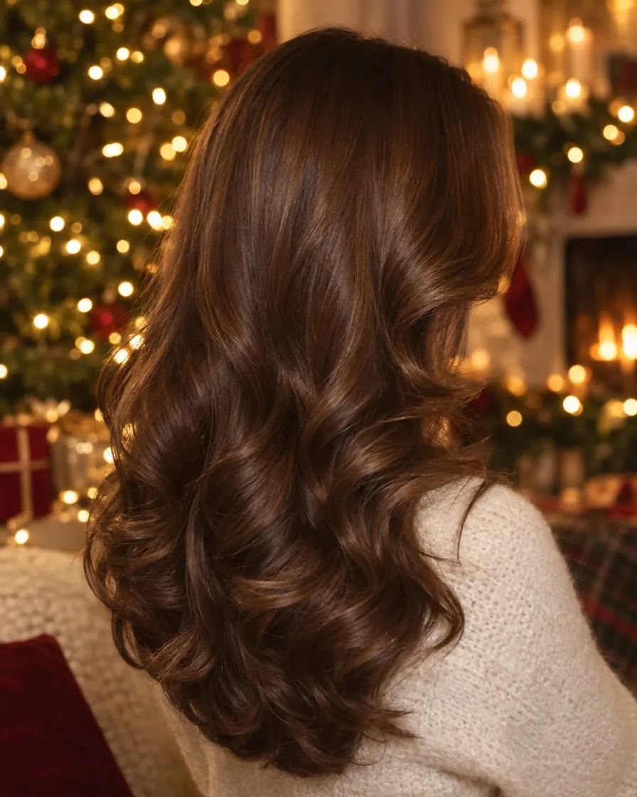 A woman seen from behind with long brown wavy hair in front of a Christmas tree with warm lights