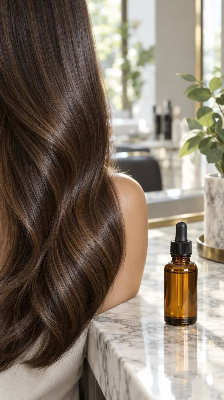 Glossy dark brown hair falling over a shoulder, a dropper bottle on the counter beside it