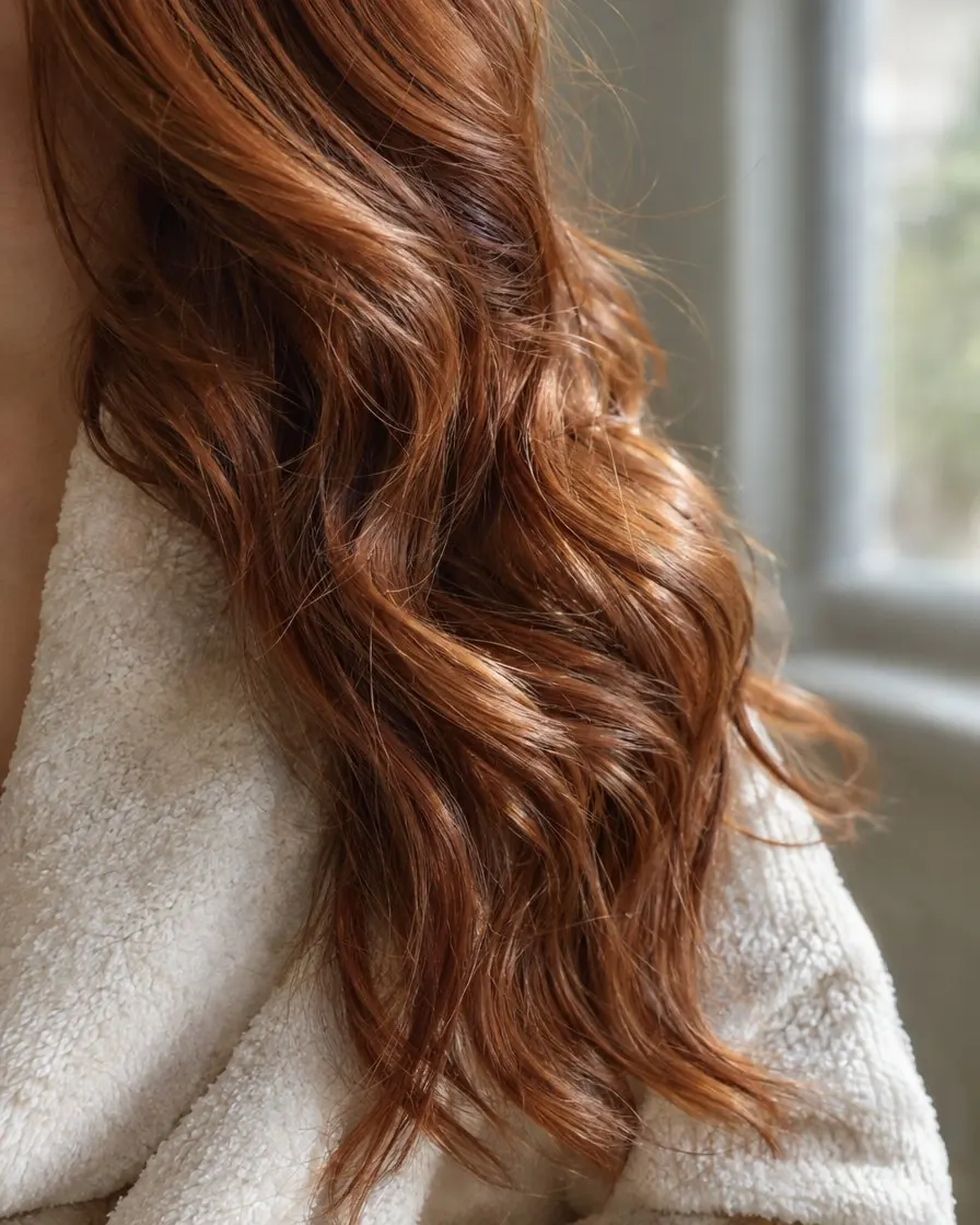Close crop of copper waves falling over a shoulder in a cream robe