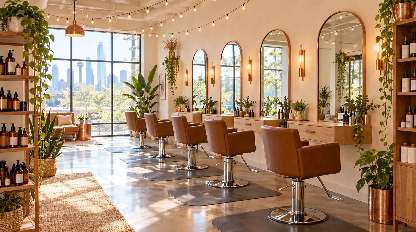 A bright salon interior with five styling chairs, string lights, plants and a shelf of unlabeled amber bottles